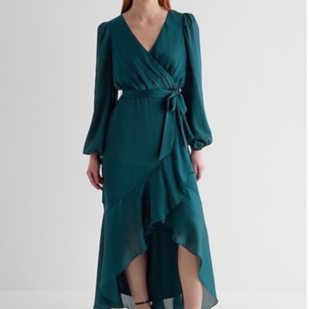 Long Sleeve V-Neck Cocktail Holiday Formal Dark Teal Drape Wrap Dress - DKNY